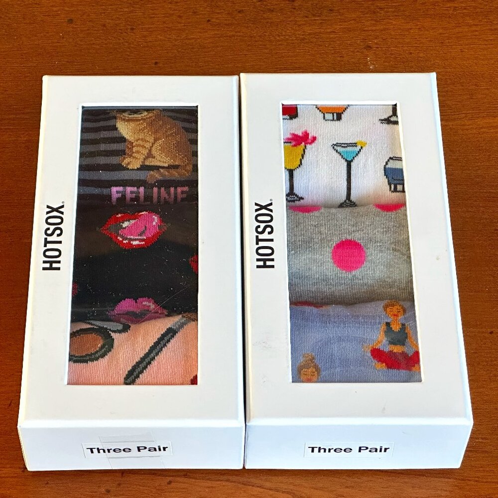 HOT SOX WOMEN'S 3-PACK GIFT BOX SET:NIB CAT/MAKE-UP/LIPS or YOGA/COCKTAILS/DOTS